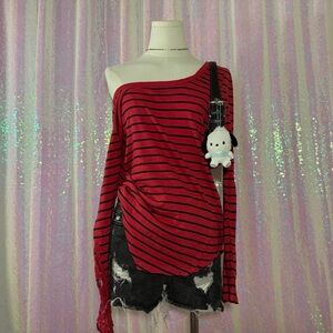 red and black striped long sleeve off the shoulder lace top